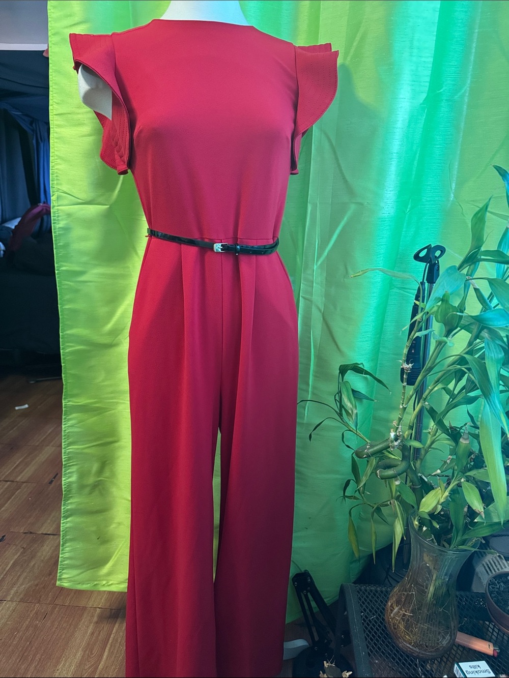 Calvin Klein Red Sleeveless Wide-Leg Belted Jumpsuit